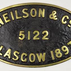 Locomotive Builders Plate - Neilson & Co.,  Glasgow, Scotland, 1897