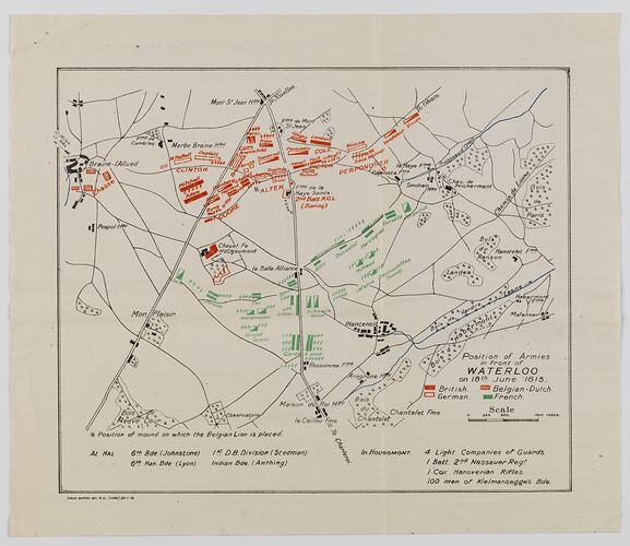 Map printed in black, red and green ink on off-white paper.