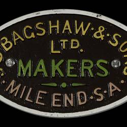 Locomotive Builders Plate - J.S. Bagshaw & Sons, Mile End, South Australia, circa 1910-1924