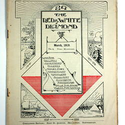 Decorative cover with sketched landscapes and central rectangular panel with text. Behind panel is a red and w