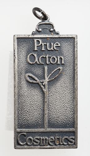Cast metal badge, raised text above a stylised letter 'T' logo.