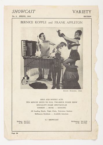 Magazine Advertisement - Bernice Kopple and Frank Appleton, 'Showcast', No.2 Spring, 1963, Page 64