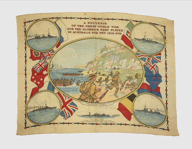 Front of printed scarf showing Gallipoli battle scene.