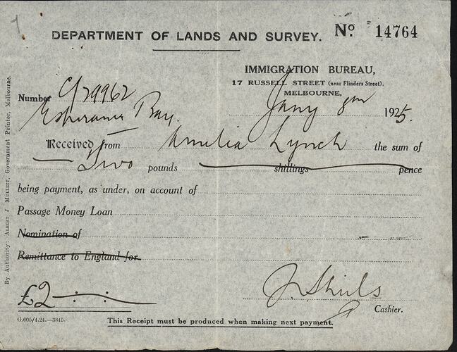 Receipt - Loan Repayment, Department of Lands and Survey, Immigration Bureau, Melbourne 8 Jan 1925