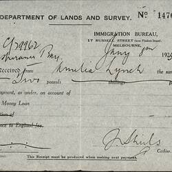 Receipt - Loan Repayment, Amelia Lynch, Department of Lands and Survey, Immigration Bureau, Melbourne 8 Jan 1925