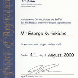 Certificate - Box Hill Hospital, George Kyriakides, Melbourne, 4 Aug 2000
