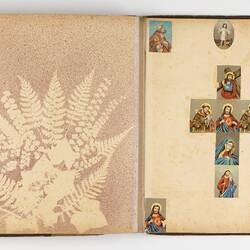 Open scrapbook showing 2 pages of illustrations, mostly floral motifs and images of Jesus Christ.