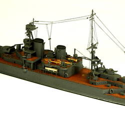 Naval ship with two masts, three quarter view.