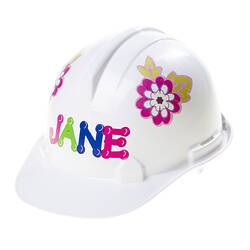 White plastic hard hat with multi-colour flower stickers on side and letter stickers on front. Left front view