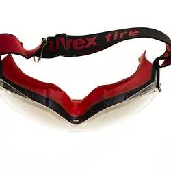 Goggles with red and black trim.