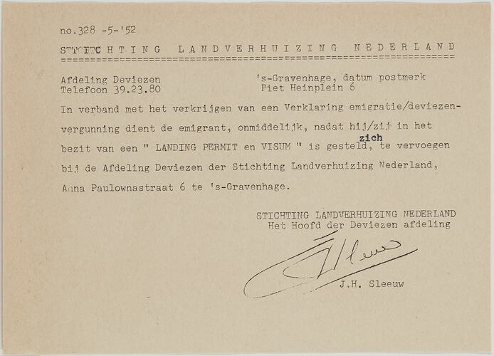 Instruction Sheet - Landing Permit & Visa Provision, Dept Of Immigration, The Netherlands, May 1952