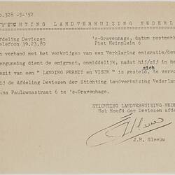 Instruction Sheet - Landing Permit & Visa Provision, Dept Of Immigration, The Netherlands, May 1952