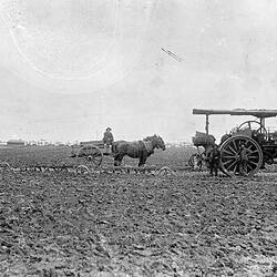 Negative - Steam Ploughing with Traction Engine Pulling Three Ploughs, Werribee, Victoria, 1910