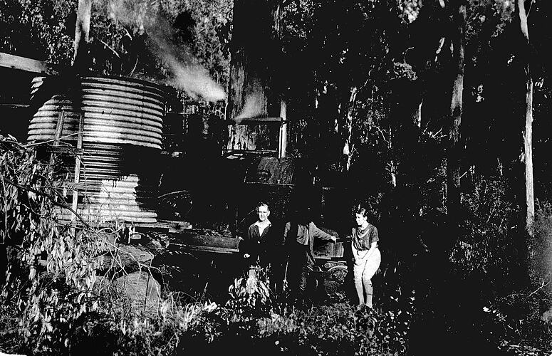Timber train taking on water, Gembrook, circa 1938.