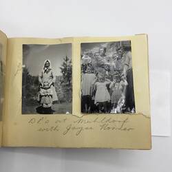 Two black and white photos glued on page of album with handwritten annotation in pencil underneath.