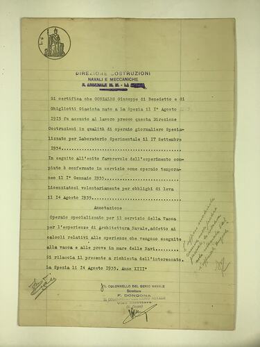 HT 56300, Employment Reference - Giuseppe Gonzales From Constructions Director, Naval & Mechanical, La Spezia, Italy, 14 Aug 1935 (MIGRATION), Document, Registered