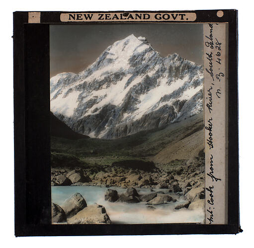 Lantern Slide - Universal Opportunity League, Mount Cook from Hooker River, South Island, New Zealand