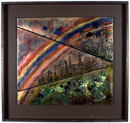 Colourful artwork of city and rainbow, three pieces.
