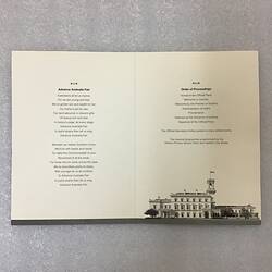 Open programme, white with black printed text. Government House building lower right corner.