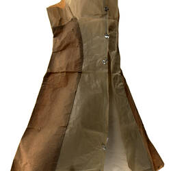 Brown paper doll dress pattern, silver paper buttons.