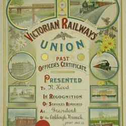 Past Officers Certificate - Presented to R. Hood, Victorian Railways Union, 1913