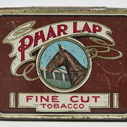 Rectangular maroon tobacco tin with brown racehorse head facing left. Text above and below.