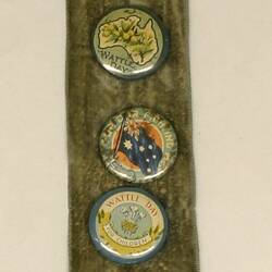 Strip of green fabric with single row of eleven badges.