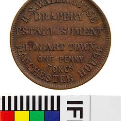 Token - 1 Penny, R.S. Waterhouse, Baby Linen Warehouse, Hobart, Tasmania, Australia, circa 1858