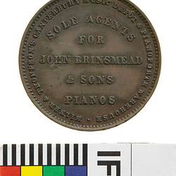 Surcharged Token - 'S' on 1 Penny, Milner & Thompson, Canterbury Music Depot, Christchurch, New Zealand, 1881