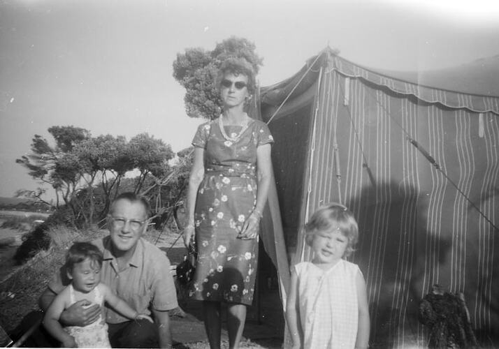 Digital Photograph - Man & Woman with Grand daughter & Grandson, In front of Caravan Annexe, Rye, 1964