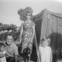 Digital Photograph - Man & Woman with Granddaughter & Grandson, In front of Caravan Annexe, Rye, 1964