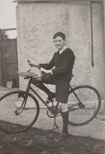 Digital Photograph - Boy in School Uniform on Bicycle, Port Melbourne, 1946