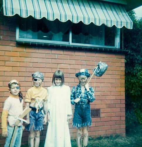 Digital Photograph - Four Children Dressed for Fancy Dress Party, Gladstone Park, 1977
