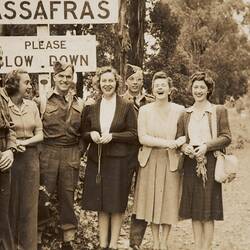 Digital Photograph - Four Women & Three Canadian Servicemen on Picnic Party, Sassafras, 1944