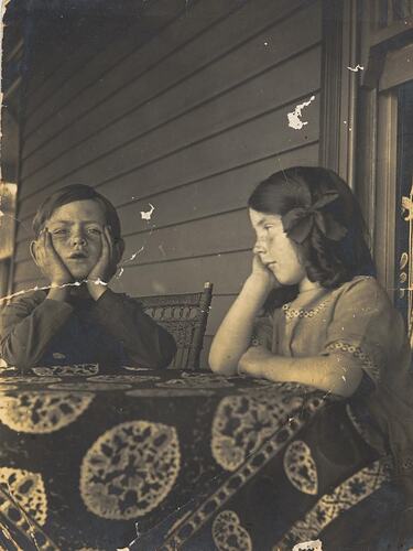 Digital Photograph - Girl & Boy at Table on Farm House Verandah, Won Wron, circa 1912