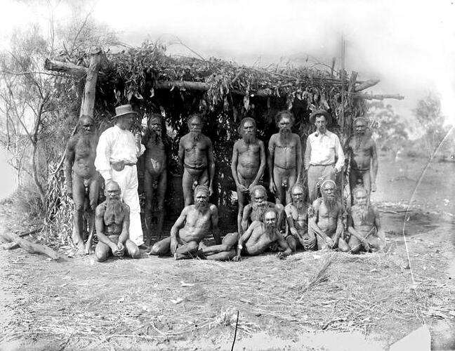 Gillen and Walter Baldwin Spencer with chief men at the Engwura, 1896
