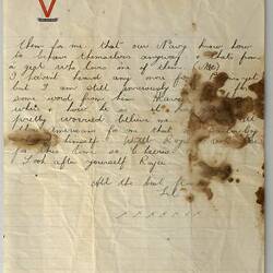Second page of handwritten letter with red 'V' logo at top of page. Paper has brown stains from water damage.