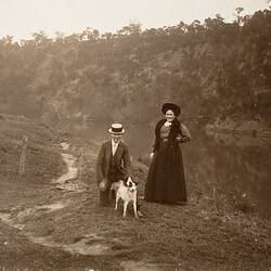Man, Woman & Dog on Banks of Yarra River, Studley Park, circa 1913