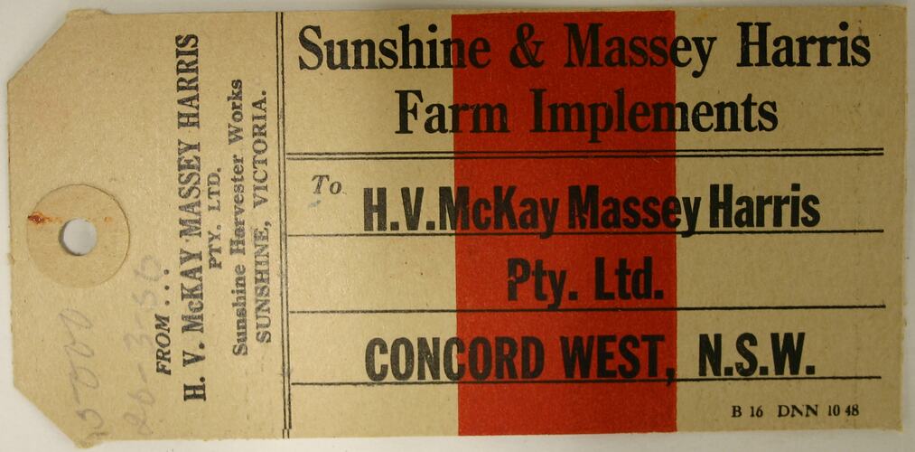 Tag - H.V. McKay Massey Harris, Concord West, NSW