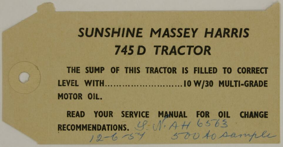 Tag - H.V. McKay Massey Harris, 'Sunshine Massey Harris 745 D Tractor', 1955