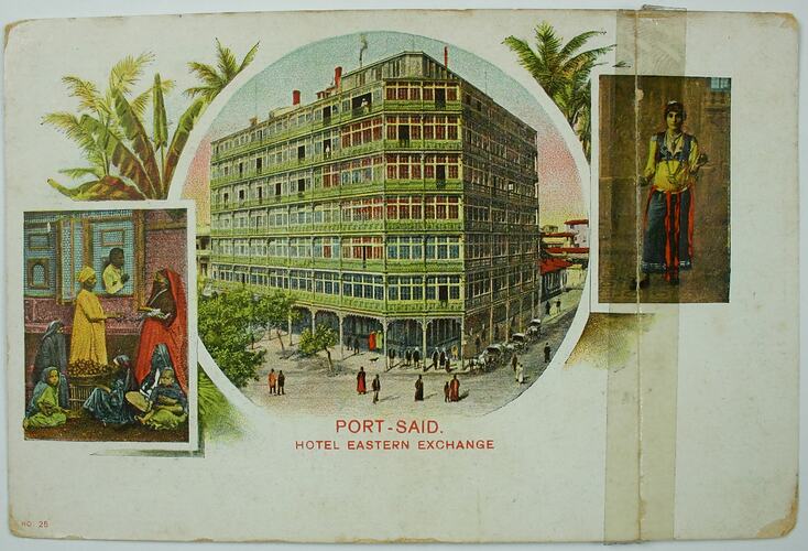 Colour postcard featuring illustrations of people and the building in centre,