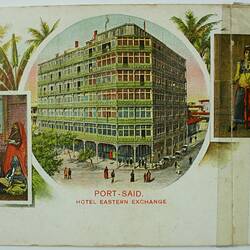 Colour postcard featuring illustrations of people and the building in centre,
