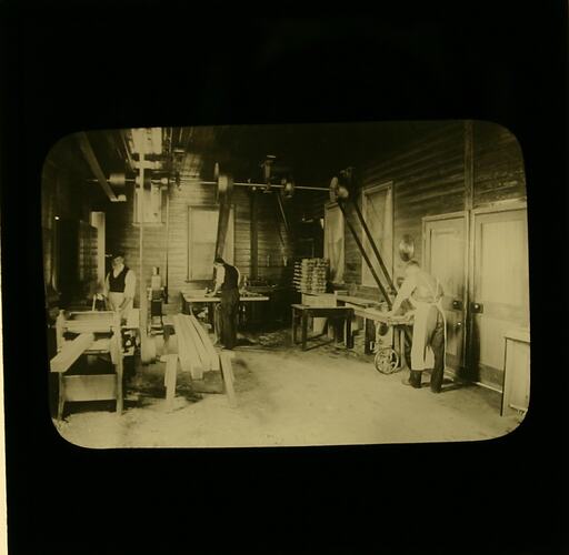 Lantern Slide - Royal Victorian Institute for the Blind, Woodworking Workshop, circa 1900
