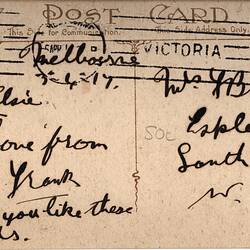 Postcard - 'Advance Australia', Carlton Gardens, EW Cole Book Arcade, Melbourne, 1917 (Reverse)