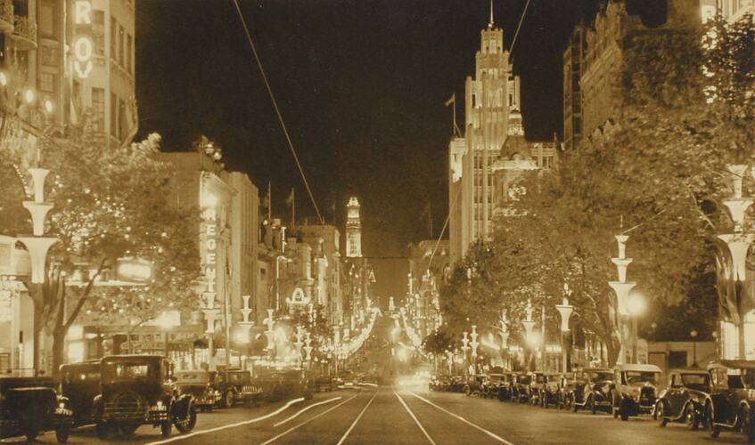 Photograph - State Electricity Commission, Melbourne Centenary Illuminations, Collins Street, Melbourne, Victoria, Australia, 1934