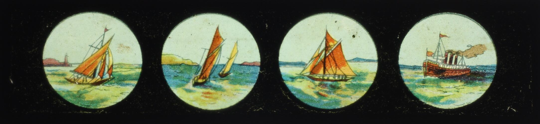 Lantern Slide - Four Boats at Sea, Panorama Slide, 1860-1920