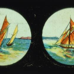 Lantern Slide - Miniature Panorama Format Multiple Image, Four Boats at Sea, circa 1860-1920