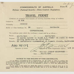 Travel Permit - Mr. Ah Him, 1941