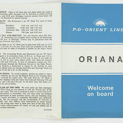 Leaflet - P&O Orient LIne 'Oriana' Shipboard Information, Australia to England, 1965