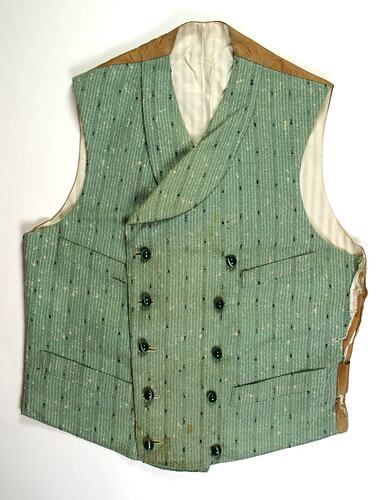 Double-breasted waistcoat, light and dark green stripes.